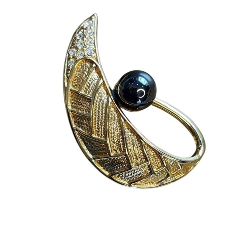 Vintage‎ Art Deco Gold Tone Faux Black Pearl Rhinestone Brooch from Unbranded - Picture 7 of 10